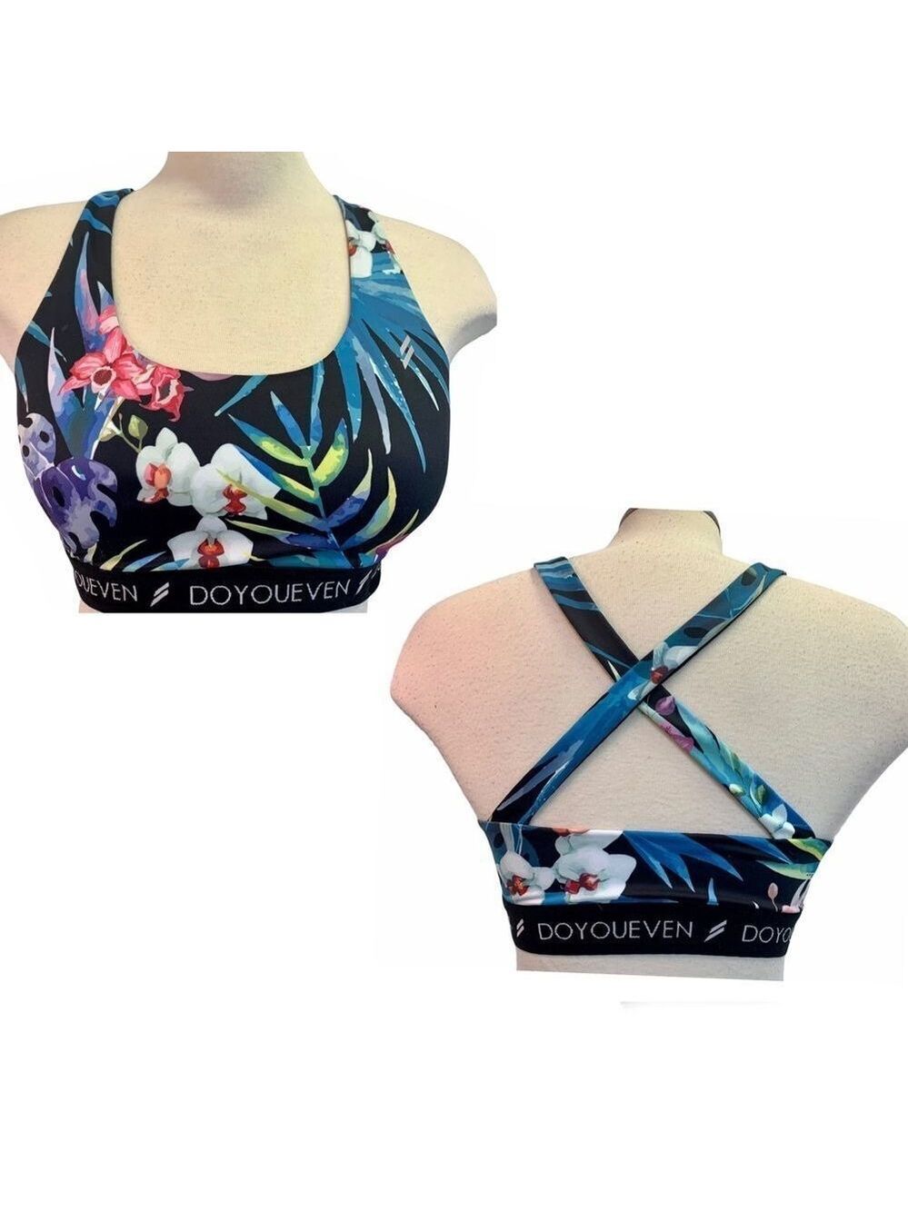 DOYOUEVEN black multicoloured floral tropical crisscross back sports bra Sz L - Picture 3 of 10